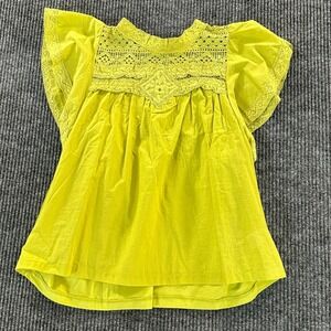 Calligraphie Blouse M Lime Green Cotton Crochet Lace Flutter Sleeve Top